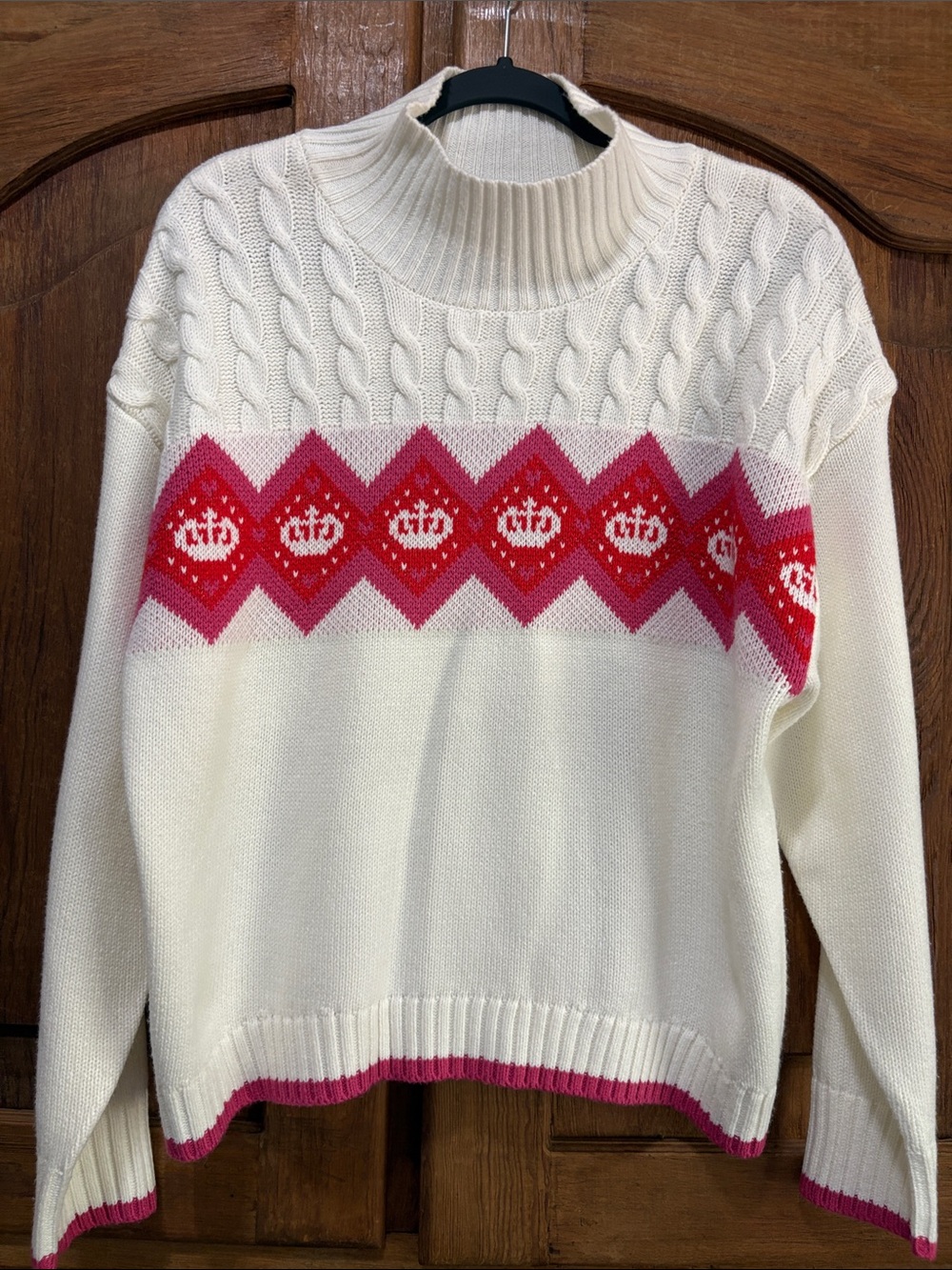 Juicy Couture Ivory Cable Turtleneck Sweater with Pink & Red Fair Isle